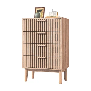 Ladekast met 4 laden – Houten handgrepen en steunpoten – Lijnpatroon – Moderne commode met 4 laden van hout en rotan Ladekast met 4 laden – Houten handgrepen en steunpoten – Lijnpatroon – Moderne commode met 4 laden van hout en rotan