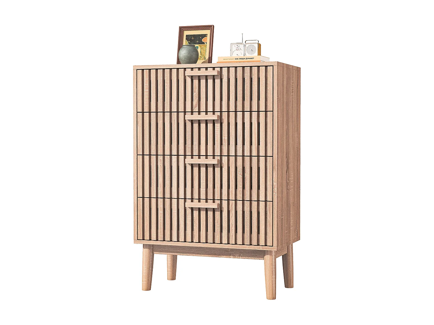 Ladekast met 4 laden - Houten handgrepen en steunpoten - Lijnpatroon - Moderne commode met 4 laden van hout en rotan