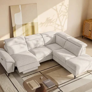 Rechterhoekbank met elektrische relaxfunctie in gespikkeld beige stof CADILO Rechterhoekbank met elektrische relaxfunctie in gespikkeld beige stof CADILO