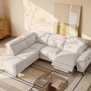 Hoekbank links met elektrische relaxfunctie in gespikkeld beige stof CADILO Hoekbank links met elektrische relaxfunctie in gespikkeld beige stof CADILO