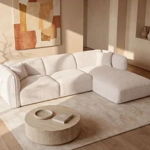 Hoekbank met hoek rechts van beige stof CAMILIO van Maison Céphy Hoekbank met hoek rechts van beige stof CAMILIO van Maison Céphy