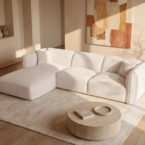 Hoekbank met hoek links van beige stof CAMILIO van Maison Céphy Hoekbank met hoek links van beige stof CAMILIO van Maison Céphy