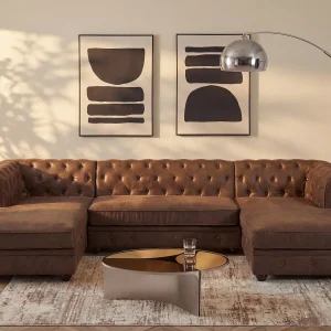Brede hoekbank van microvezel met verouderd leereffect CHESTERFIELD