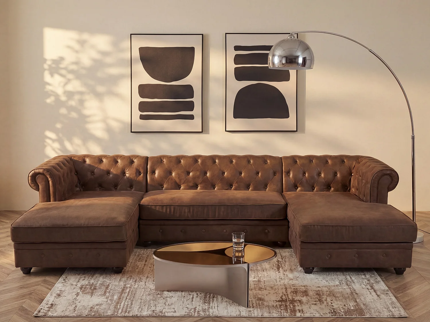 Brede hoekbank van microvezel met verouderd leereffect CHESTERFIELD