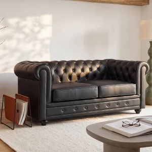 Tweezitsbank van zwart buffelleer CHESTERFIELD