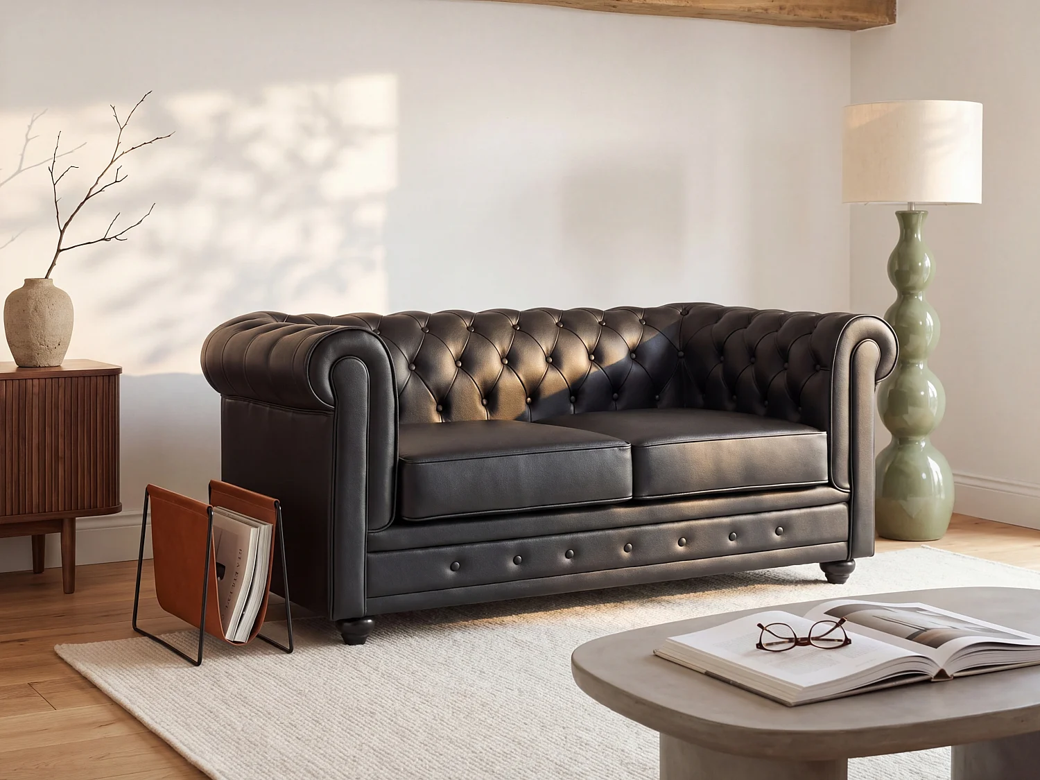 Tweezitsbank van zwart buffelleer CHESTERFIELD