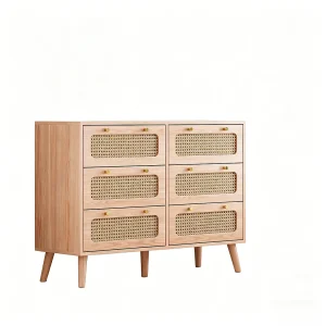 Ladekast met 6 lades – rotan commode voor de slaapkamer – houten commode met gouden handgrepen – 100x34x73cm Ladekast met 6 lades – rotan commode voor de slaapkamer – houten commode met gouden handgrepen – 100x34x73cm