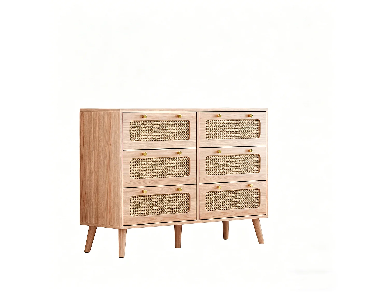 Ladekast met 6 lades - rotan commode voor de slaapkamer - houten commode met gouden handgrepen - 100x34x73cm