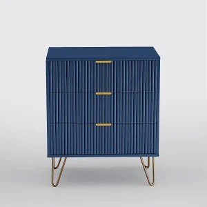 Ladekast met 3 lades, opbergmeubel, met gouden handgrepen, nachtkastje, 60 x 40 x 70 cm, blauw Ladekast met 3 lades, opbergmeubel, met gouden handgrepen, nachtkastje, 60 x 40 x 70 cm, blauw