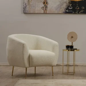 Crèmekleurige bouclé fauteuil van polyester met gouden metalen poten – Comfortabel en elegant