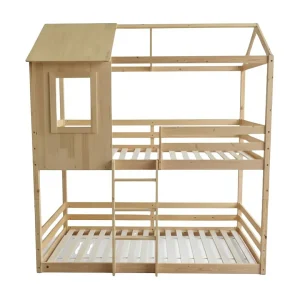 Deelbaar Montessori huisjesstapelbed hout beige 90×190/90x190cm Deelbaar Montessori huisjesstapelbed hout beige 90×190/90x190cm