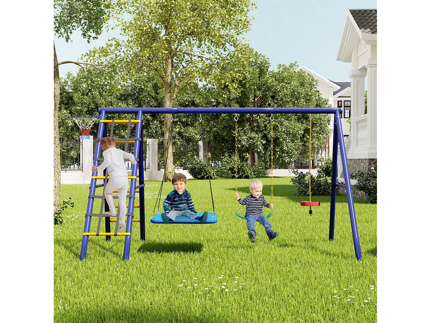 Buiten speeltoestel - 3 schommels + klimstructuur + basketbalring - Hangschommels - Blauw