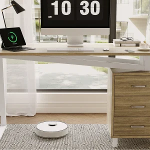 Bureau 130x55x75 cm – met 3 lades – groot houten blad – MDF – natuurlijke houtkleur en wit
