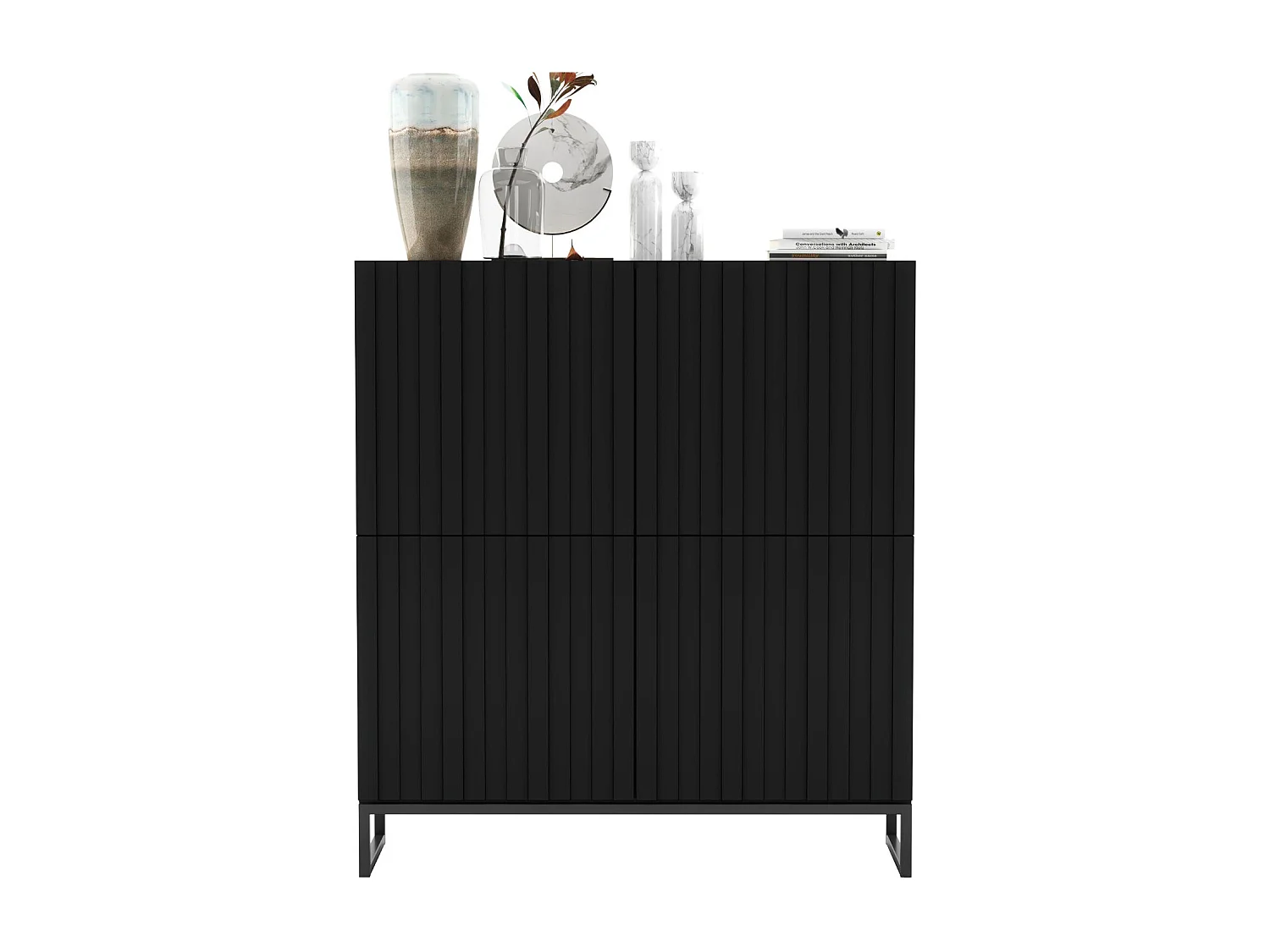 Commode met 4 deuren - Corpus Mat zwart, geribbelde fronten Mat zwart - 112 cm, zwart metalen frame