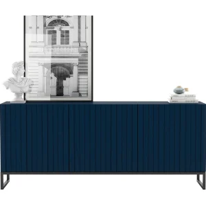 Commode met 3 deuren – romp Mat marineblauw, geribbelde fronten Mat marineblauw – 168 cm, zwart metalen frame Commode met 3 deuren – romp Mat marineblauw, geribbelde fronten Mat marineblauw – 168 cm, zwart metalen frame