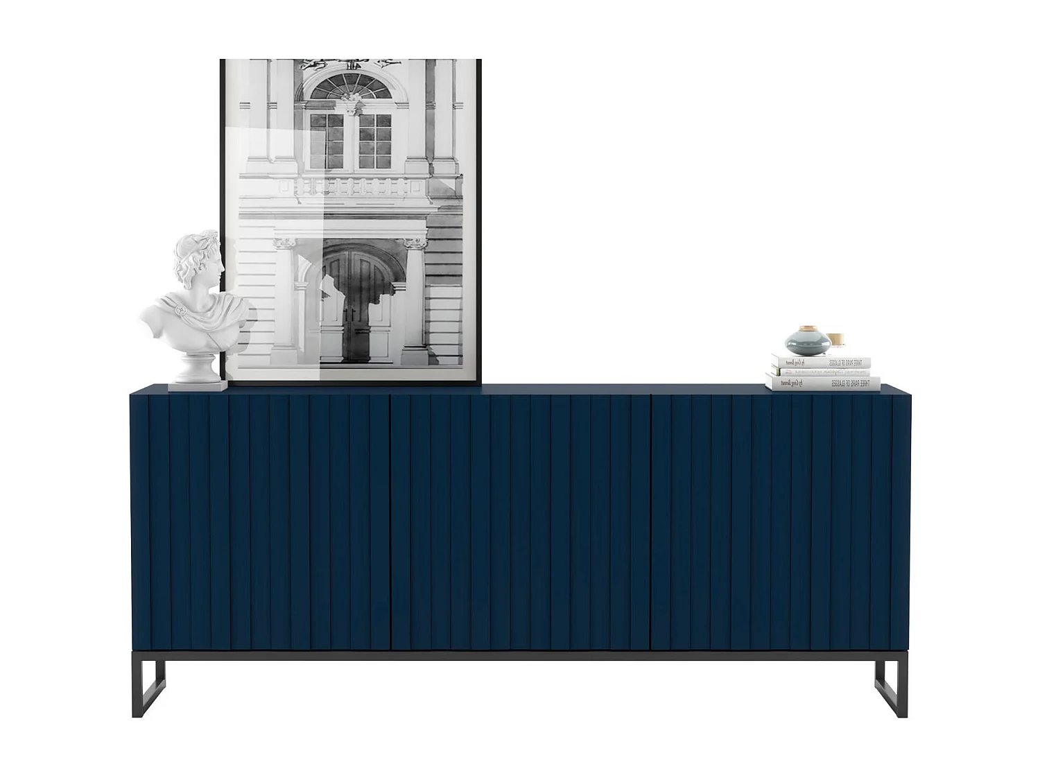Commode met 3 deuren - romp Mat marineblauw, geribbelde fronten Mat marineblauw - 168 cm, zwart metalen frame