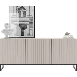 Commode met 3 deuren – Corpus kasjmier mat, geribbelde fronten kasjmier mat – 168 cm, zwart metalen frame Commode met 3 deuren – Corpus kasjmier mat, geribbelde fronten kasjmier mat – 168 cm, zwart metalen frame