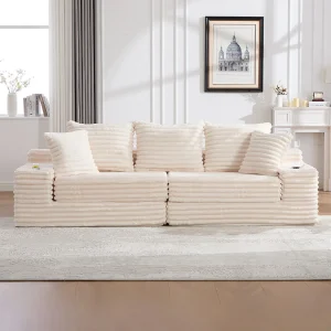 Compacte bank, van corduroy, met extra kussens, opbergvakken aan de zijkanten en bekerhouders, beige Compacte bank, van corduroy, met extra kussens, opbergvakken aan de zijkanten en bekerhouders, beige