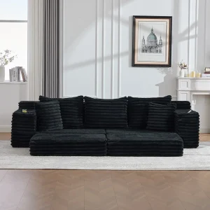 Compacte bank, van corduroy, met extra kussens, opbergvakken aan de zijkanten en bekerhouders, zwart Compacte bank, van corduroy, met extra kussens, opbergvakken aan de zijkanten en bekerhouders, zwart
