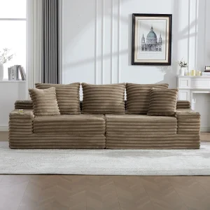 Compacte bank, van ribfluweel, met extra kussens, opbergvakken aan de zijkanten en bekerhouders, kaki Compacte bank, van ribfluweel, met extra kussens, opbergvakken aan de zijkanten en bekerhouders, kaki