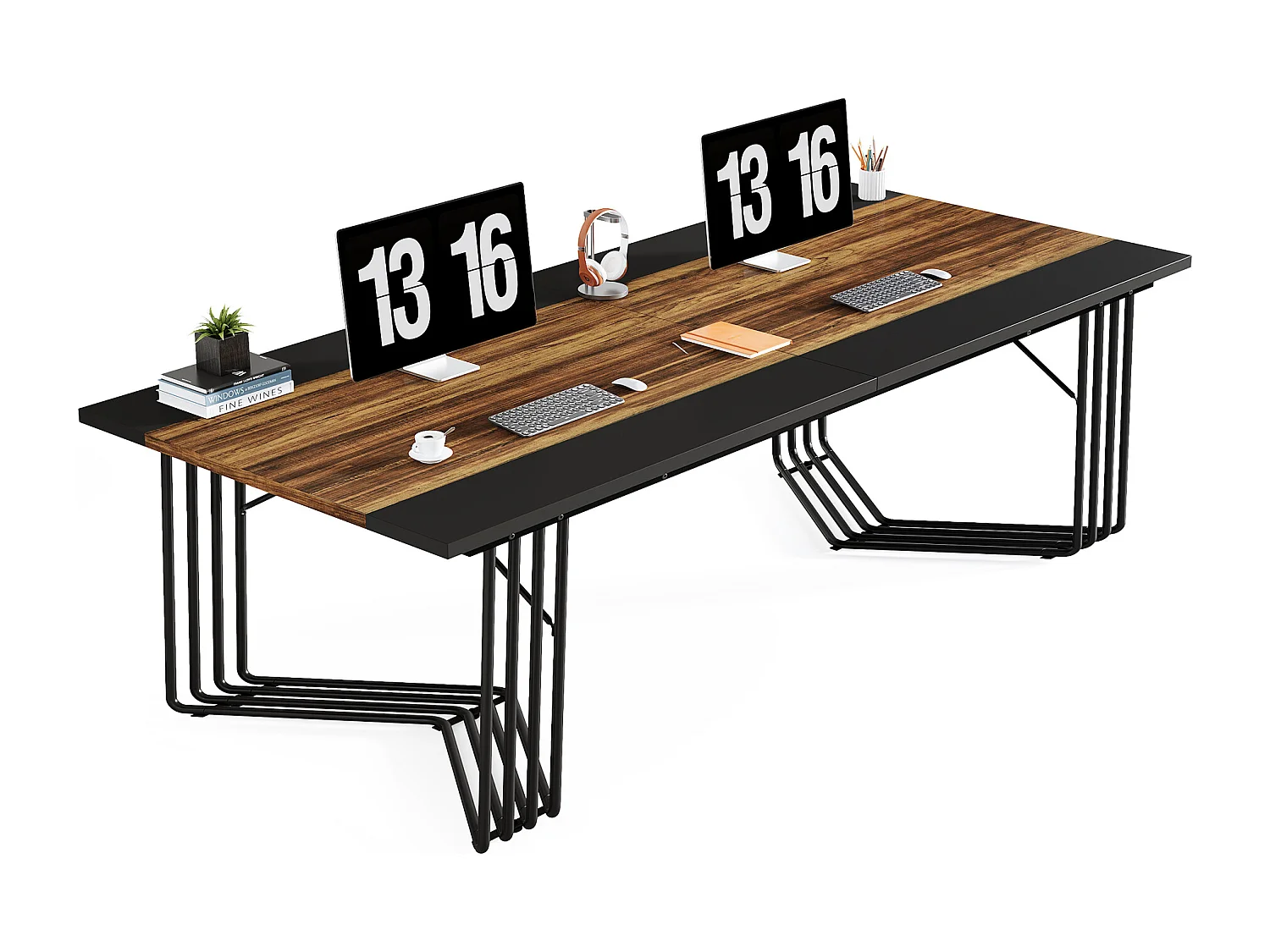 Bureau van 200 cm voor 2 personen met solide geometrische metalen structuur - Vergader- of seminartafel voor 8 tot 10 personen - Rustiek bruin