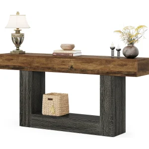 Consoletafel van 160 cm lang, 2-laags haltafel, salontafel met opbergruimte, salontafel van boerderijhout voor woonkamer, hal Consoletafel van 160 cm lang, 2-laags haltafel, salontafel met opbergruimte, salontafel van boerderijhout voor woonkamer, hal