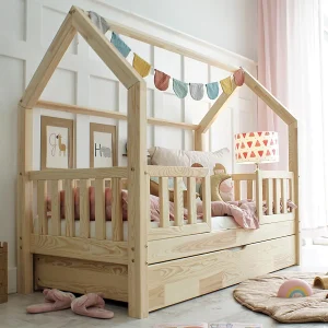 Hutbed 90×190 inclusief bedhekken en lattenbodem en lade Madeliefje Bois