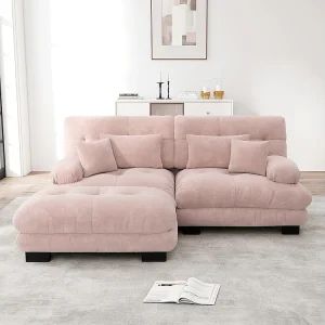 Cloud hoekbank, chenille, tweezits, met 2 rugkussens en 2 sierkussens, brede armleuningen en voetsteun, roze