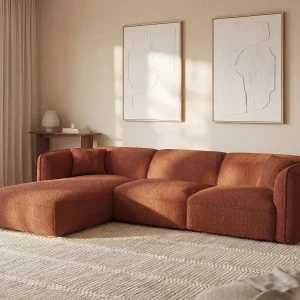 Hoekbank met hoek links van terracottakleurige stof CAMILIO van Maison Céphy Hoekbank met hoek links van terracottakleurige stof CAMILIO van Maison Céphy