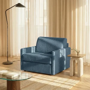 Express slaapfauteuil in blauwe stof – Slaapgedeelte 100 cm – Matras 14 cm – CALIFE