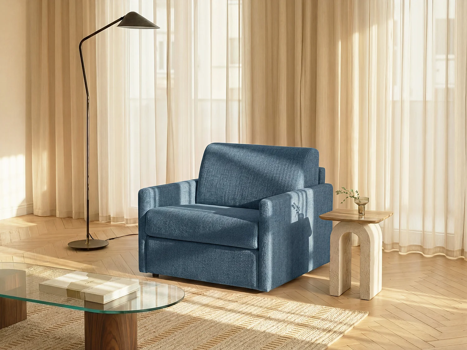 Express slaapfauteuil in blauwe stof - Slaapgedeelte 100 cm - Matras 14 cm - CALIFE