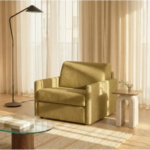 Slaapstoel om te zetten in geel stoffen expressie – Slaapoppervlak 100 cm – Matras 14 cm – CALIFE Slaapstoel om te zetten in geel stoffen expressie – Slaapoppervlak 100 cm – Matras 14 cm – CALIFE