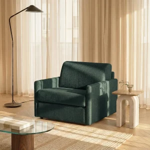 Express slaapfauteuil in dennengroene stof – Slaapmaat 100 cm – Matras 14 cm – CALIFE