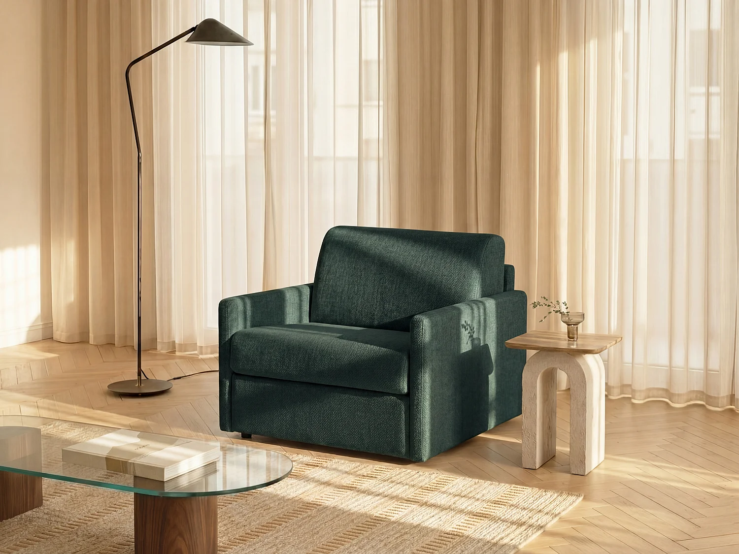 Express slaapfauteuil in dennengroene stof - Slaapmaat 100 cm - Matras 14 cm - CALIFE