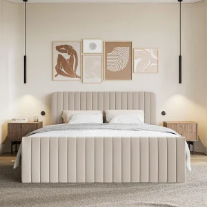 Continentaal bed met matrastopper – 140×200 cm – beige chenille – SALIANO