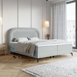 Continentaal bed – 160×200 cm – in lichtgrijs waterafstotend fluweel – LOREO Continentaal bed – 160×200 cm – in lichtgrijs waterafstotend fluweel – LOREO