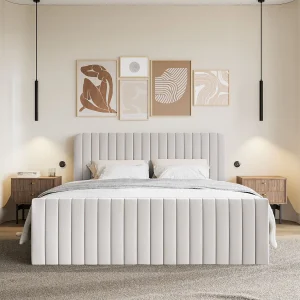 Continentaal bed met matrastopper – 160×200 cm – lichtgrijs chenille – SALIANO Continentaal bed met matrastopper – 160×200 cm – lichtgrijs chenille – SALIANO