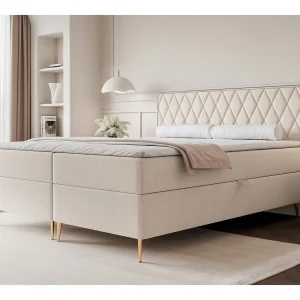 Continentaal bed – 160×200 cm – in crèmekleurige chenillestof – CARESSO Continentaal bed – 160×200 cm – in crèmekleurige chenillestof – CARESSO