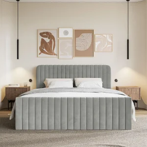 Continentaal bed met matrastopper – 180×200 cm – grijs fluweel – SALIANO Continentaal bed met matrastopper – 180×200 cm – grijs fluweel – SALIANO