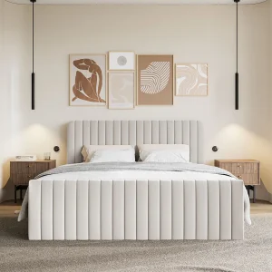 Continentaal bed met matrastopper – 200×200 cm – lichtbeige chenille – SALIANO Continentaal bed met matrastopper – 200×200 cm – lichtbeige chenille – SALIANO