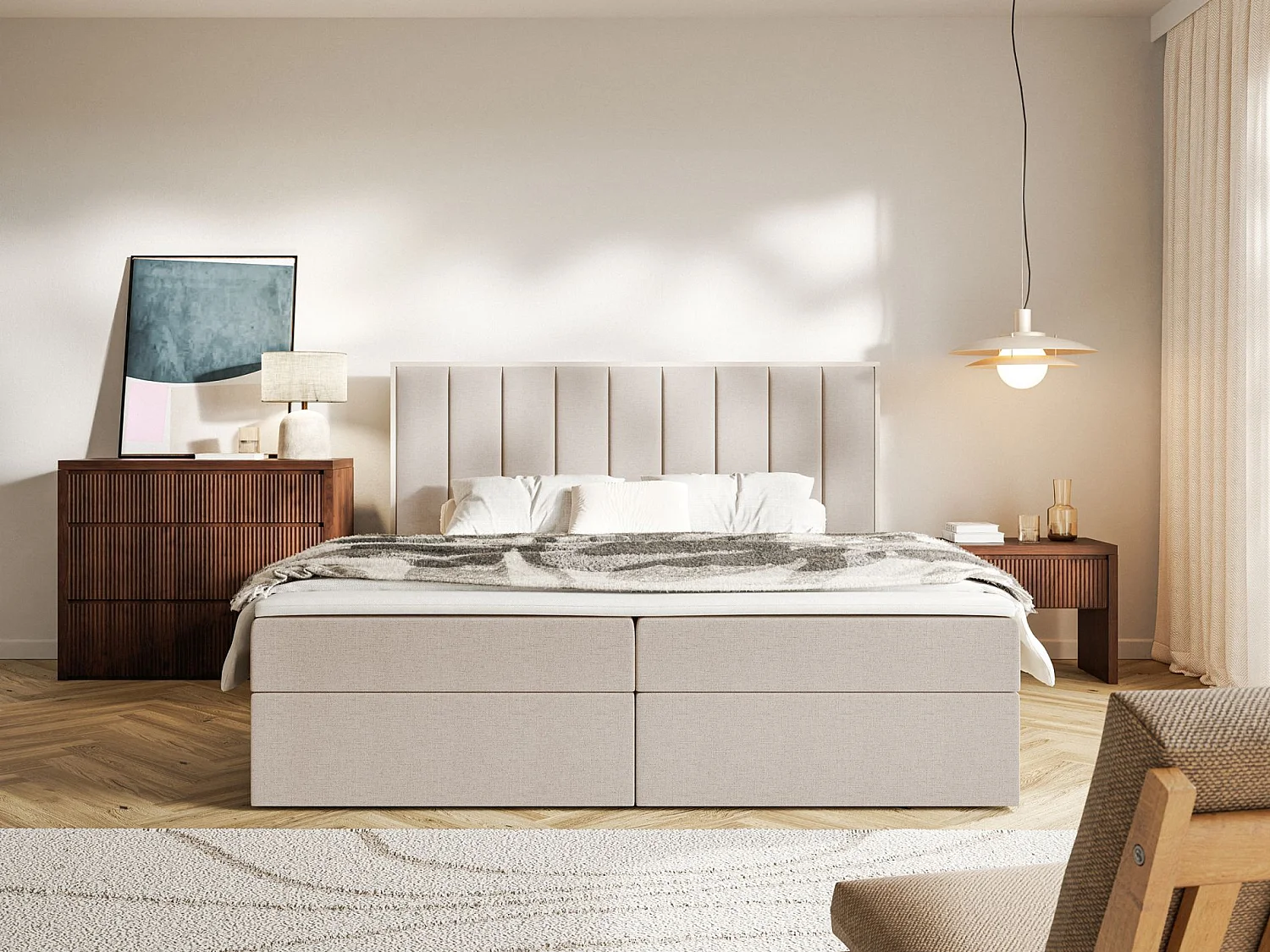 Boxspringbed 160x200 – opbergruimte en topper – hydrofobe chenille – beige – TOGENTS