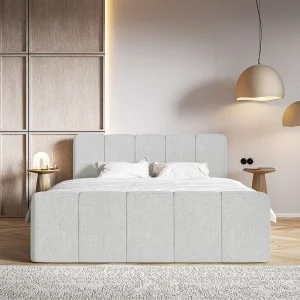 Continentaal bed met matrastopper – 160×200 cm – lichtgrijs chenille – CLOUDY II Continentaal bed met matrastopper – 160×200 cm – lichtgrijs chenille – CLOUDY II