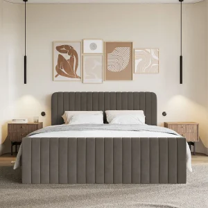 Continentaal bed met matrastopper – 140×200 cm – bruin fluweel – SALIANO
