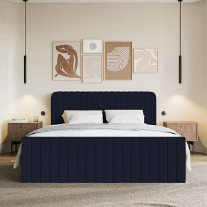 Continentaal bed met matrastopper – 140×200 cm – marineblauw fluweel – SALIANO