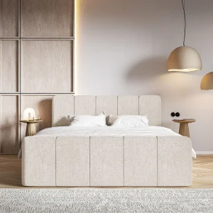 Continentaal bed met matrastopper – 160×200 cm – lichtbeige chenille – CLOUDY II Continentaal bed met matrastopper – 160×200 cm – lichtbeige chenille – CLOUDY II