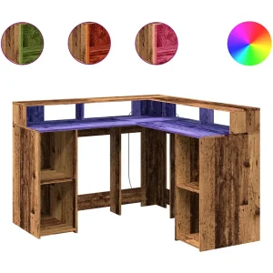 Bureau met LED-verlichting 130x130x91 cm bewerkt hout oud hout