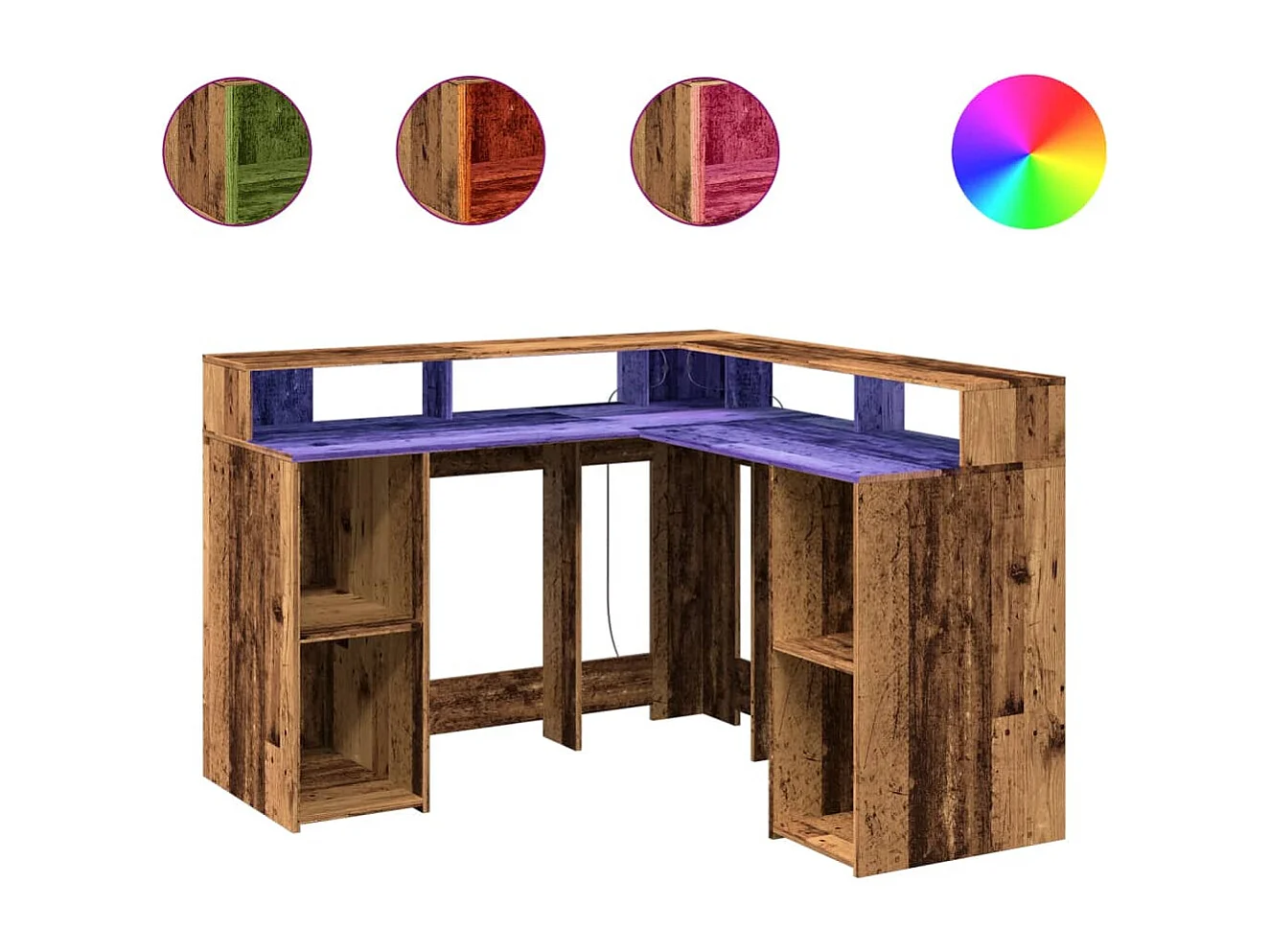 Bureau met LED-verlichting 130x130x91 cm bewerkt hout oud hout