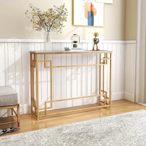 Consoletafel, marmer, goud, ingang, smal, haltafel met geometrisch metalen frame, bijzettafel, 110 x 30 x 81 cm, voor woonkamer, hal, entree VH33425 Consoletafel, marmer, goud, ingang, smal, haltafel met geometrisch metalen frame, bijzettafel, 110 x 30 x 81 cm, voor woonkamer, hal, entree VH33425
