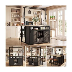 Centraal eiland met werkblad – 107 x 62 x 183 cm – met plank + schuifdeuren – MDF + metaal – zwart