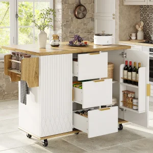 Centraal kookeiland met neerklapbaar werkblad – 134 x 46/74 x 88 cm – met opbergdeuren en -lades – MDF en metaal – wit